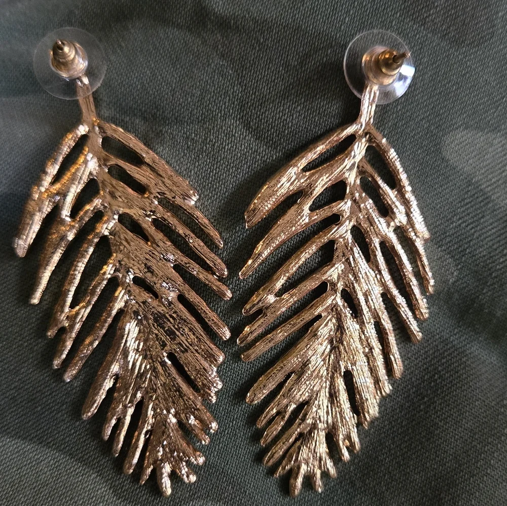 Gold Leaf Earrings 3"×1" - Picture 4 of 7